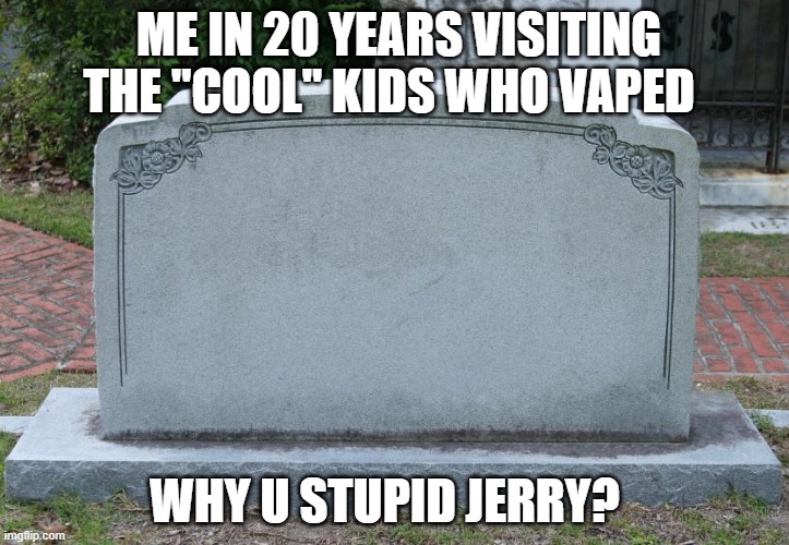 a mock meme | ME IN 20 YEARS VISITING THE "COOL" KIDS WHO VAPED; WHY U STUPID JERRY? | image tagged in gravestone | made w/ Imgflip meme maker