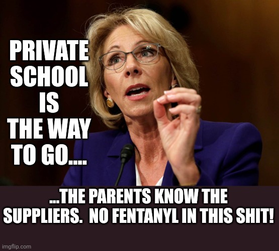 Betsy DeVos | PRIVATE SCHOOL IS THE WAY TO GO.... ...THE PARENTS KNOW THE SUPPLIERS.  NO FENTANYL IN THIS SHIT! | image tagged in betsy devos | made w/ Imgflip meme maker