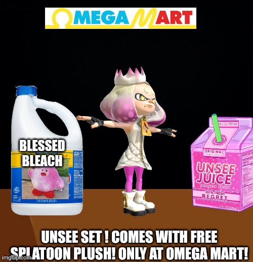 BLESSED BLEACH UNSEE SET ! COMES WITH FREE SPLATOON PLUSH! ONLY AT OMEGA MART! | image tagged in black background,among us brown | made w/ Imgflip meme maker