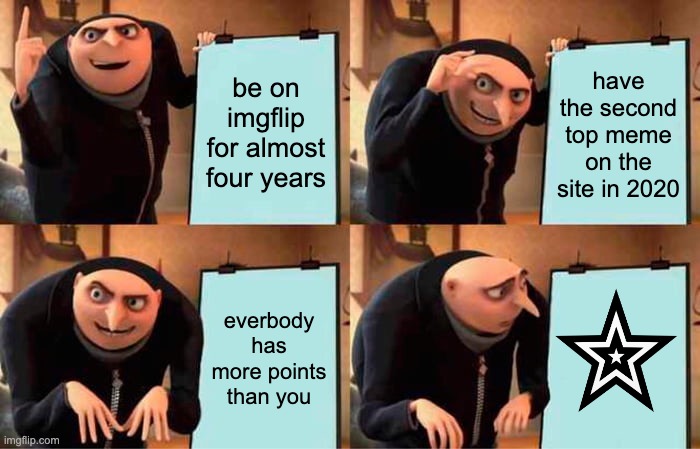 It has been tradition to add funny tag, but this meme is sad | be on imgflip for almost four years; have the second top meme on the site in 2020; everbody has more points than you | image tagged in memes,gru's plan,feels bad man,gru | made w/ Imgflip meme maker