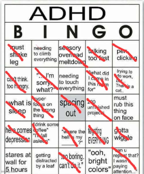 yay adhd and depression | image tagged in adhd bingo | made w/ Imgflip meme maker