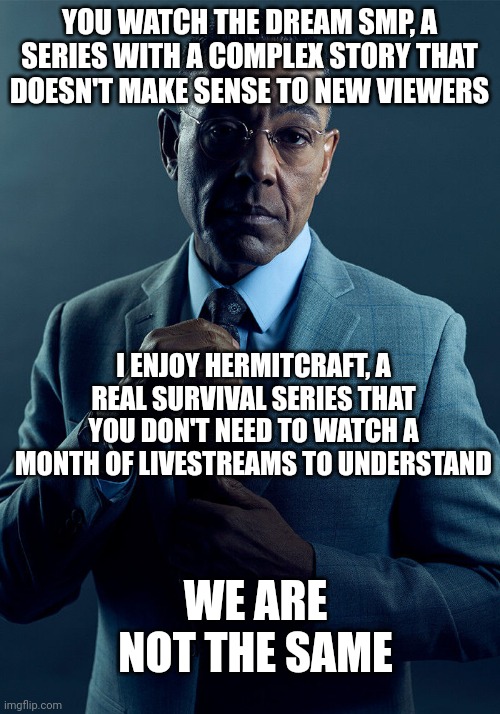 Why do people watch the dream smp when they could watch something good |  YOU WATCH THE DREAM SMP, A SERIES WITH A COMPLEX STORY THAT DOESN'T MAKE SENSE TO NEW VIEWERS; I ENJOY HERMITCRAFT, A REAL SURVIVAL SERIES THAT YOU DON'T NEED TO WATCH A MONTH OF LIVESTREAMS TO UNDERSTAND; WE ARE NOT THE SAME | image tagged in gus fring we are not the same | made w/ Imgflip meme maker