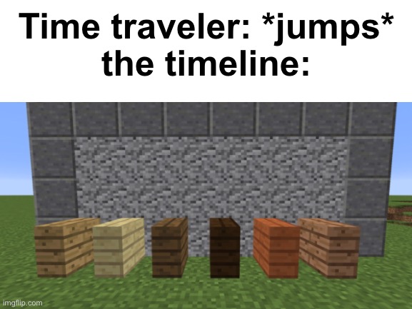 vertical slabs yay | Time traveler: *jumps*
the timeline: | image tagged in memes,funny,time travel,minecraft,verse made this xd,barney will eat all of your delectable biscuits | made w/ Imgflip meme maker
