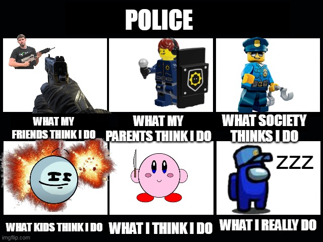 this is a joke i am really not a police | POLICE; WHAT MY PARENTS THINK I DO; WHAT SOCIETY THINKS I DO; WHAT MY FRIENDS THINK I DO; zzz; WHAT I REALLY DO; WHAT KIDS THINK I DO; WHAT I THINK I DO | image tagged in gifs,funny,memes | made w/ Imgflip meme maker