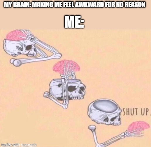 skeleton shut up meme | ME:; MY BRAIN: MAKING ME FEEL AWKWARD FOR NO REASON | image tagged in skeleton shut up meme | made w/ Imgflip meme maker