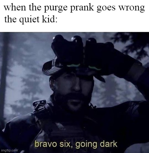 :) | the quiet kid:; when the purge prank goes wrong | image tagged in bravo six going dark | made w/ Imgflip meme maker