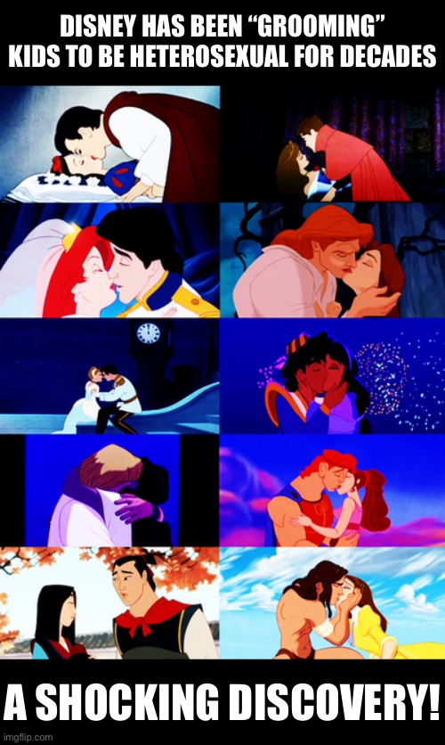 The heterosexual agenda operates right out in the open! | DISNEY HAS BEEN “GROOMING” KIDS TO BE HETEROSEXUAL FOR DECADES; A SHOCKING DISCOVERY! | image tagged in disney movie kissing,disney,heterosexual,conservative logic,hetero,agenda | made w/ Imgflip meme maker