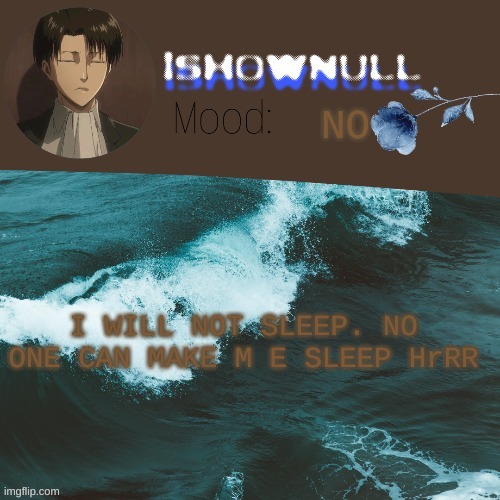 AuGH | NO; I WILL NOT SLEEP. NO ONE CAN MAKE M E SLEEP HrRR | image tagged in null temp | made w/ Imgflip meme maker