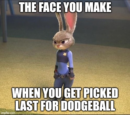 Left Out Bunny | THE FACE YOU MAKE; WHEN YOU GET PICKED LAST FOR DODGEBALL | image tagged in judy hopps mad,zootopia,judy hopps,the face you make when,dodgeball,funny | made w/ Imgflip meme maker