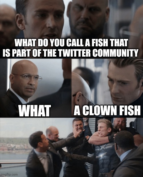 No offense nemo | WHAT DO YOU CALL A FISH THAT IS PART OF THE TWITTER COMMUNITY; A CLOWN FISH; WHAT | image tagged in captain america elevator fight,twitter,funny memes,dank memes | made w/ Imgflip meme maker