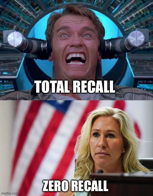 She’s speaking on behalf of clearly stupid voters. | TOTAL RECALL; ZERO RECALL | image tagged in arnie total recall,marjorie taylor greene | made w/ Imgflip meme maker