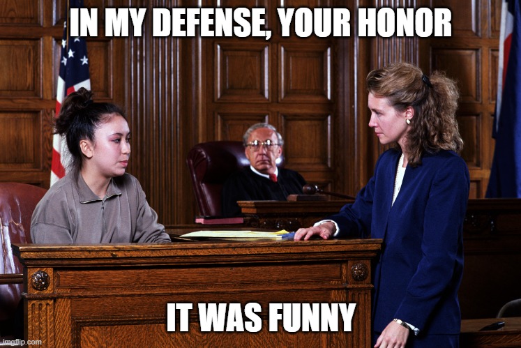 My friend made this joke while on the VC the other day, figured I'd upload it with a super creative title. |  IN MY DEFENSE, YOUR HONOR; IT WAS FUNNY | image tagged in courtroom,funny | made w/ Imgflip meme maker
