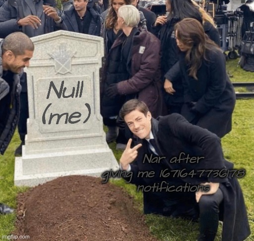 mye | Null (me); Nar after giving me 1671647736178 notifications | image tagged in grant gustin over grave | made w/ Imgflip meme maker