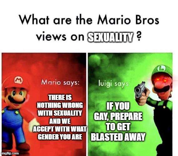 Mario Bros views on ____ (Props to SimplyOrange for the inspiration) | SEXUALITY; THERE IS NOTHING WRONG WITH SEXUALITY AND WE ACCEPT WITH WHAT GENDER YOU ARE; IF YOU GAY, PREPARE TO GET BLASTED AWAY | image tagged in mario bros views,simplyorange | made w/ Imgflip meme maker