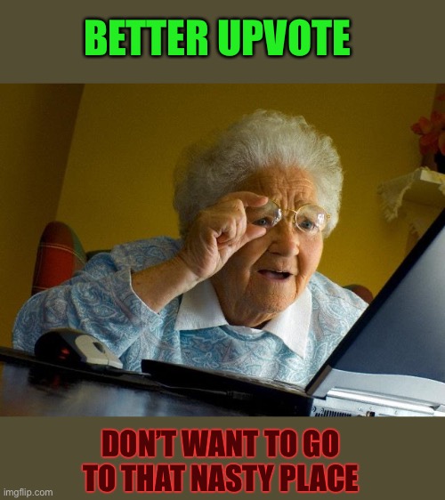 Grandma Finds The Internet Meme | BETTER UPVOTE DON’T WANT TO GO TO THAT NASTY PLACE | image tagged in memes,grandma finds the internet | made w/ Imgflip meme maker