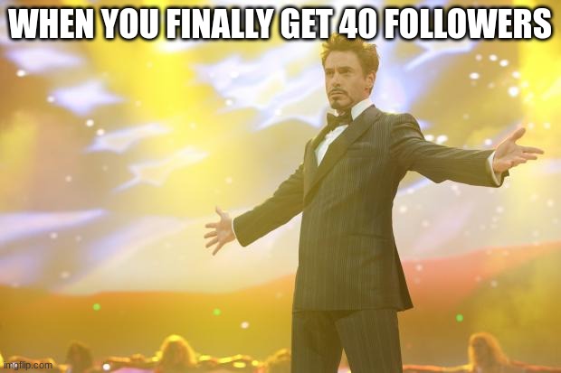 thanks to all my followers | WHEN YOU FINALLY GET 40 FOLLOWERS | image tagged in tony stark success | made w/ Imgflip meme maker