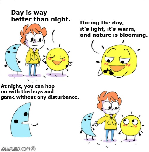 Just facts |  During the day, it's light, it's warm, and nature is blooming. Day is way better than night. At night, you can hop on with the boys and game without any disturbance. | image tagged in shen night and day,me and the boys | made w/ Imgflip meme maker