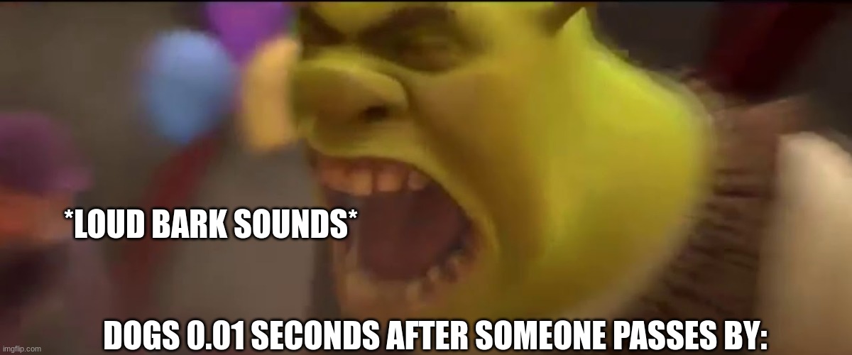Dogs when: |  *LOUD BARK SOUNDS*; DOGS 0.01 SECONDS AFTER SOMEONE PASSES BY: | image tagged in shrek screaming,so true memes,fun | made w/ Imgflip meme maker