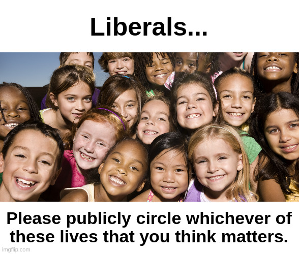 Whose Lives Matter? |  Liberals... Please publicly circle whichever of
these lives that you think matters. | image tagged in liberals,progressives,democrats,blm,black lives matter,all lives matter | made w/ Imgflip meme maker