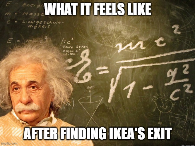 How true is this? | WHAT IT FEELS LIKE; AFTER FINDING IKEA'S EXIT | image tagged in smart,albert einstein,ikea | made w/ Imgflip meme maker