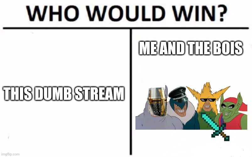 Idk | ME AND THE BOIS; THIS DUMB STREAM | image tagged in memes,who would win,trololol | made w/ Imgflip meme maker