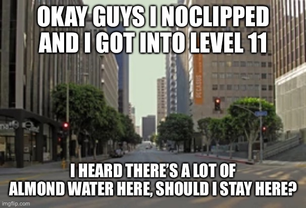 OKAY GUYS I NOCLIPPED AND I GOT INTO LEVEL 11; I HEARD THERE’S A LOT OF ALMOND WATER HERE, SHOULD I STAY HERE? | made w/ Imgflip meme maker