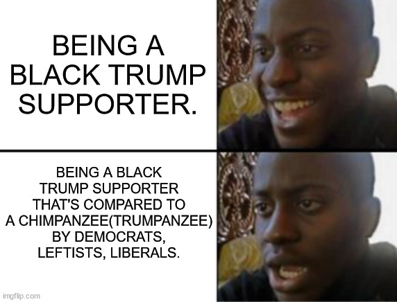 Do these people ever stop to think that what they say can be considered racist? |  BEING A BLACK TRUMP SUPPORTER. BEING A BLACK TRUMP SUPPORTER THAT'S COMPARED TO A CHIMPANZEE(TRUMPANZEE) BY DEMOCRATS, LEFTISTS, LIBERALS. | image tagged in stupid,moron,racist,liberals,leftists,democrats | made w/ Imgflip meme maker