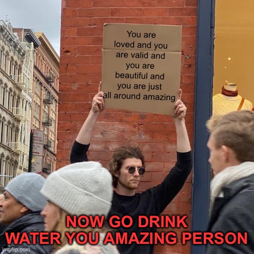 <3 | You are loved and you are valid and you are beautiful and you are just all around amazing; NOW GO DRINK WATER YOU AMAZING PERSON | image tagged in memes,guy holding cardboard sign,i love you,ur vaild | made w/ Imgflip meme maker