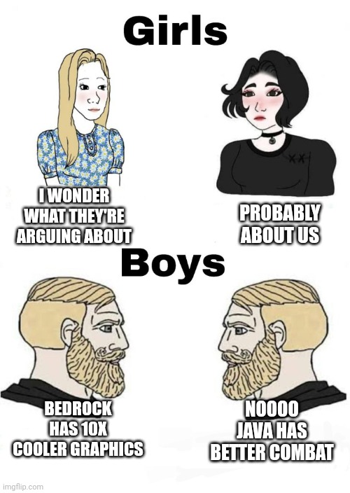 [Insert Creative Title Here] | PROBABLY ABOUT US; I WONDER WHAT THEY'RE ARGUING ABOUT; BEDROCK HAS 10X COOLER GRAPHICS; NOOOO JAVA HAS BETTER COMBAT | image tagged in boys v girls,minecraft,relatable,funny,girls vs boys | made w/ Imgflip meme maker