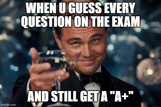 Leonardo Dicaprio Cheers Meme | WHEN U GUESS EVERY QUESTION ON THE EXAM; AND STILL GET A "A+" | image tagged in memes,leonardo dicaprio cheers | made w/ Imgflip meme maker