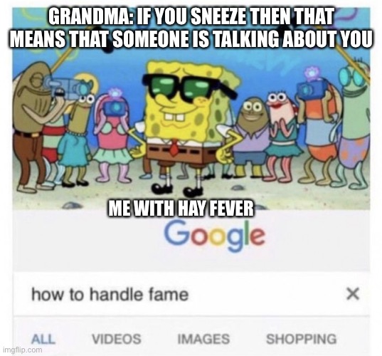 Mom! IM FAMOUS! | GRANDMA: IF YOU SNEEZE THEN THAT MEANS THAT SOMEONE IS TALKING ABOUT YOU; ME WITH HAY FEVER | image tagged in how to handle fame | made w/ Imgflip meme maker