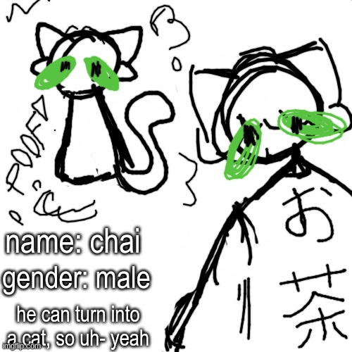 just made this guy. i like em! :> | name: chai; gender: male; he can turn into a cat, so uh- yeah | image tagged in blank white but bigger | made w/ Imgflip meme maker