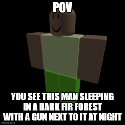 Roblox oc | POV; YOU SEE THIS MAN SLEEPING IN A DARK FIR FOREST WITH A GUN NEXT TO IT AT NIGHT | image tagged in roblox oc | made w/ Imgflip meme maker