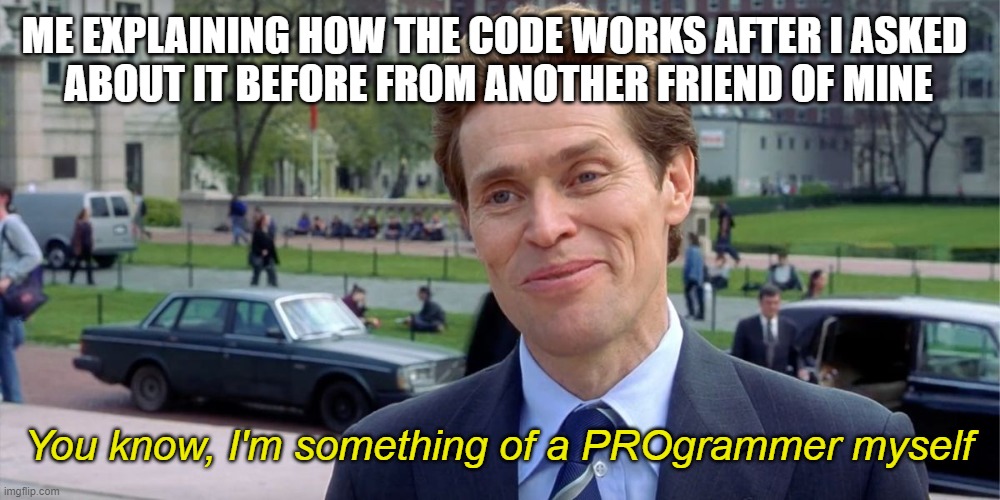 You know, I'm something of a scientist myself | ME EXPLAINING HOW THE CODE WORKS AFTER I ASKED 
ABOUT IT BEFORE FROM ANOTHER FRIEND OF MINE; You know, I'm something of a PROgrammer myself | image tagged in you know i'm something of a scientist myself | made w/ Imgflip meme maker