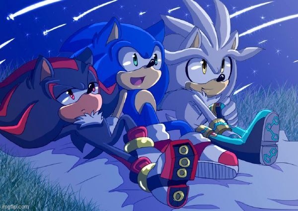 Shadow, Sonic, and Silver watching shooting stars | image tagged in cool pic,sonic the hedgehog,shadow the hedgehog,silver the hedgehog,sonic art | made w/ Imgflip meme maker