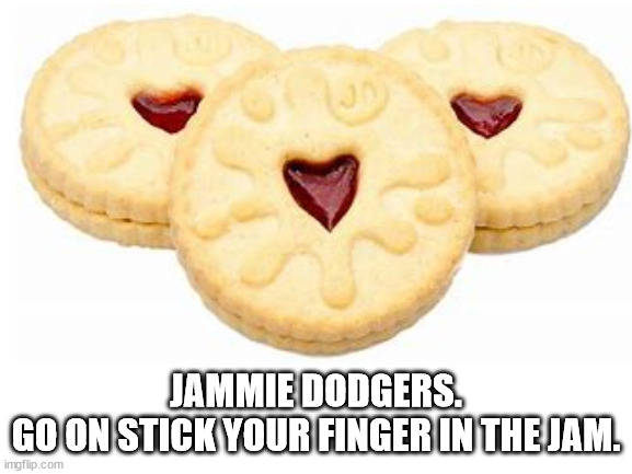 JAMMIE DODGERS.
GO ON STICK YOUR FINGER IN THE JAM. | made w/ Imgflip meme maker