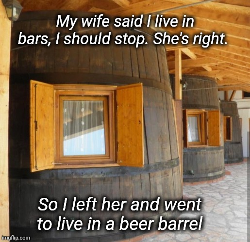 Beer and Bars |  My wife said I live in bars, I shouId stop. She's right. So I left her and went to live in a beer barrel | image tagged in beer,hold my beer,bar,pub,wife,nagging wife | made w/ Imgflip meme maker