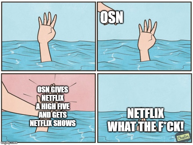 Osn nooo!!!!!!!!!!!!! | OSN; OSN GIVES NETFLIX A HIGH FIVE AND GETS NETFLIX SHOWS; NETFLIX WHAT THE F*CK! | image tagged in high five drown | made w/ Imgflip meme maker