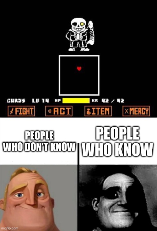 PEOPLE WHO KNOW; PEOPLE WHO DON'T KNOW | image tagged in sans fight,teacher's copy | made w/ Imgflip meme maker