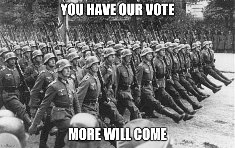 German Soldiers Marching | YOU HAVE OUR VOTE MORE WILL COME | image tagged in german soldiers marching | made w/ Imgflip meme maker