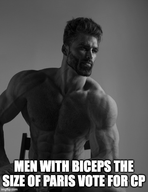 Giga Chad | MEN WITH BICEPS THE SIZE OF PARIS VOTE FOR CP | image tagged in giga chad | made w/ Imgflip meme maker