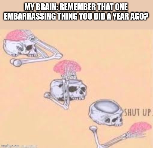 Shut up Skeleton | MY BRAIN: REMEMBER THAT ONE EMBARRASSING THING YOU DID A YEAR AGO? | image tagged in shut up skeleton | made w/ Imgflip meme maker