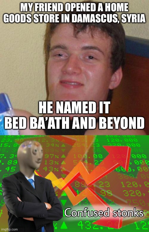 MY FRIEND OPENED A HOME GOODS STORE IN DAMASCUS, SYRIA; HE NAMED IT BED BA’ATH AND BEYOND | image tagged in stoned guy,confused stonks | made w/ Imgflip meme maker