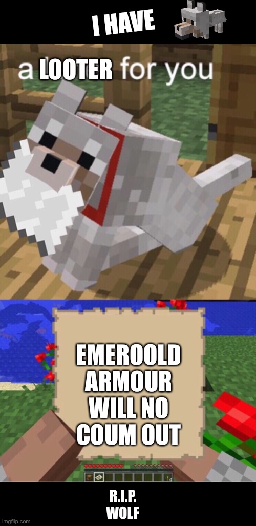 RIP dog | LOOTER; I HAVE; EMEROOLD ARMOUR WILL NO COUM OUT; R.I.P. WOLF | image tagged in minecraft mail,dog letter | made w/ Imgflip meme maker