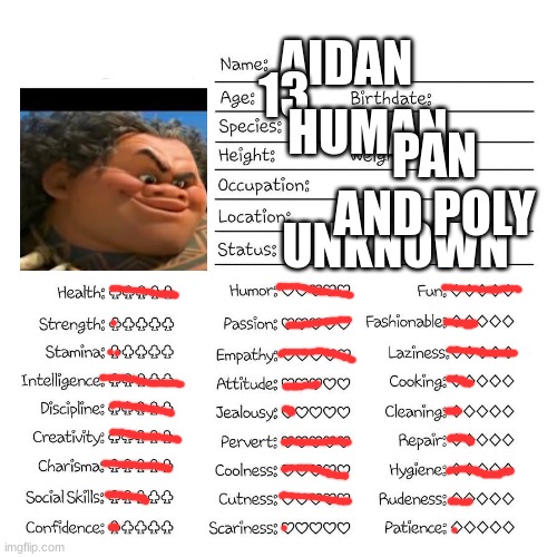 Profile card | 13; AIDAN; HUMAN; PAN AND POLY; UNKNOWN | image tagged in profile card | made w/ Imgflip meme maker