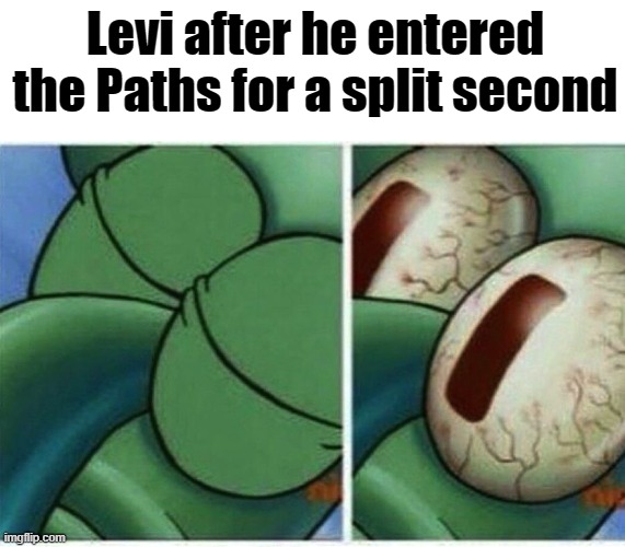 That Monké, where's that little bitch? | Levi after he entered the Paths for a split second | image tagged in squidward | made w/ Imgflip meme maker