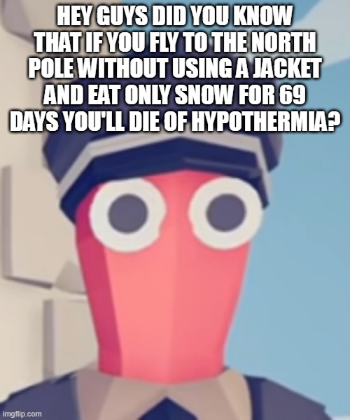TABS Stare | HEY GUYS DID YOU KNOW THAT IF YOU FLY TO THE NORTH POLE WITHOUT USING A JACKET AND EAT ONLY SNOW FOR 69 DAYS YOU'LL DIE OF HYPOTHERMIA? | image tagged in tabs stare | made w/ Imgflip meme maker