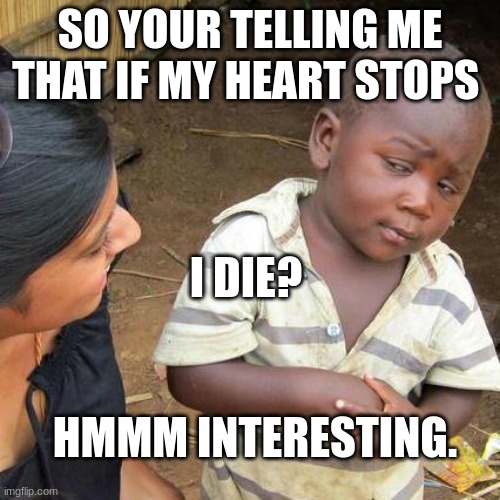 A lesson in Death. | SO YOUR TELLING ME THAT IF MY HEART STOPS; I DIE? HMMM INTERESTING. | image tagged in memes,third world skeptical kid | made w/ Imgflip meme maker