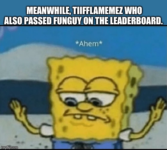 Ahem | MEANWHILE, TIIFFLAMEMEZ WHO ALSO PASSED FUNGUY ON THE LEADERBOARD. | image tagged in ahem | made w/ Imgflip meme maker