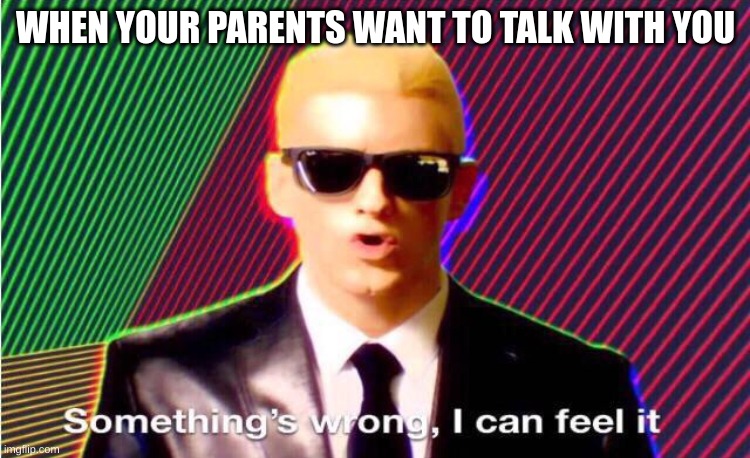 The feeling you get in your gut when this happens |  WHEN YOUR PARENTS WANT TO TALK WITH YOU | image tagged in something s wrong | made w/ Imgflip meme maker